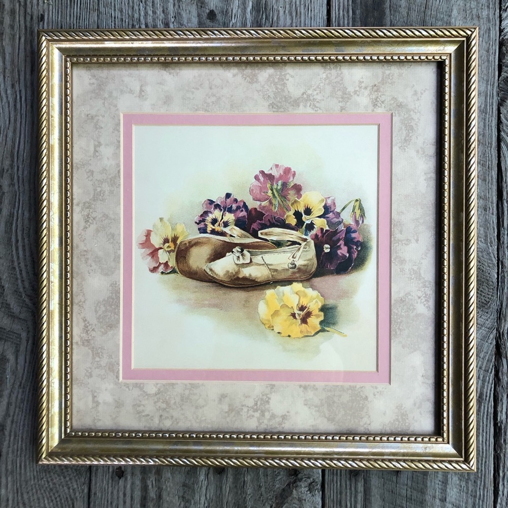 Pansies Slippers 🩰 Cottage Flowers 🌸 Framed Matted Pink Art Print 13.5 x 13.5